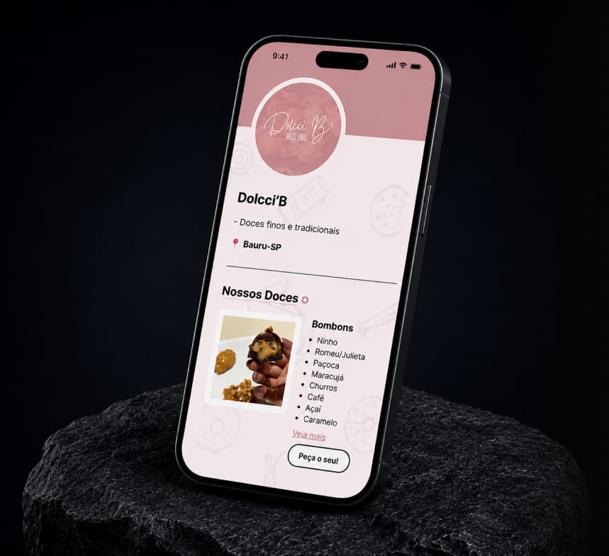 Mockup da interface do projeto Dolcci B - Link Bio